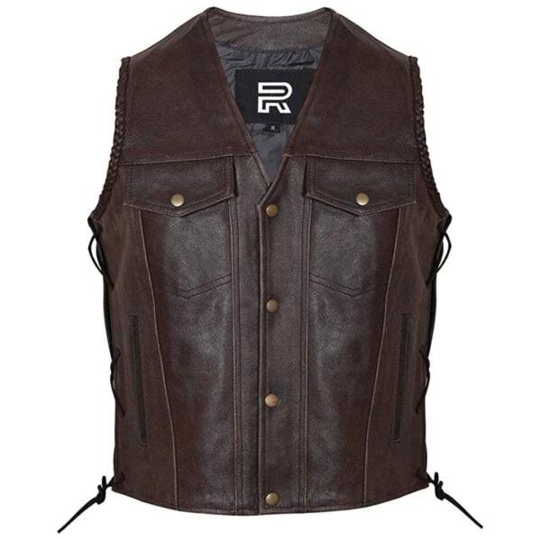 Chaleco de moto RAXUS de cuero de vaca con cordones laterales N-400