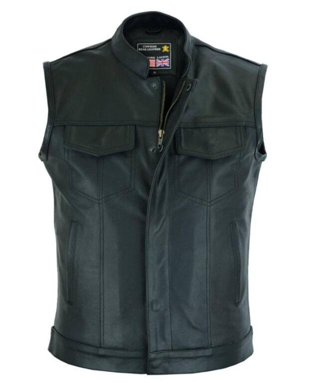 RAXUS MOTORCYCLE VEST WITH LEATHER MAO COLLAR K-10