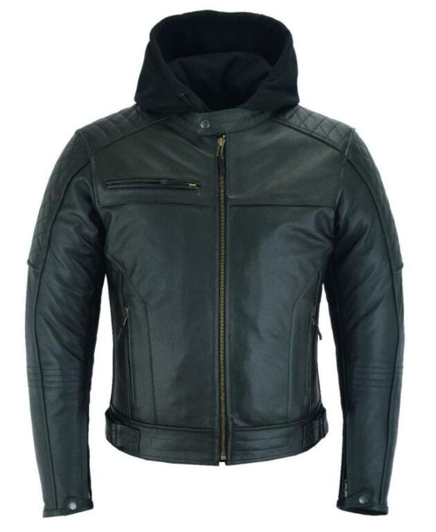 Raxus Leather Motorcycle Jacket with Removable Hood for Men