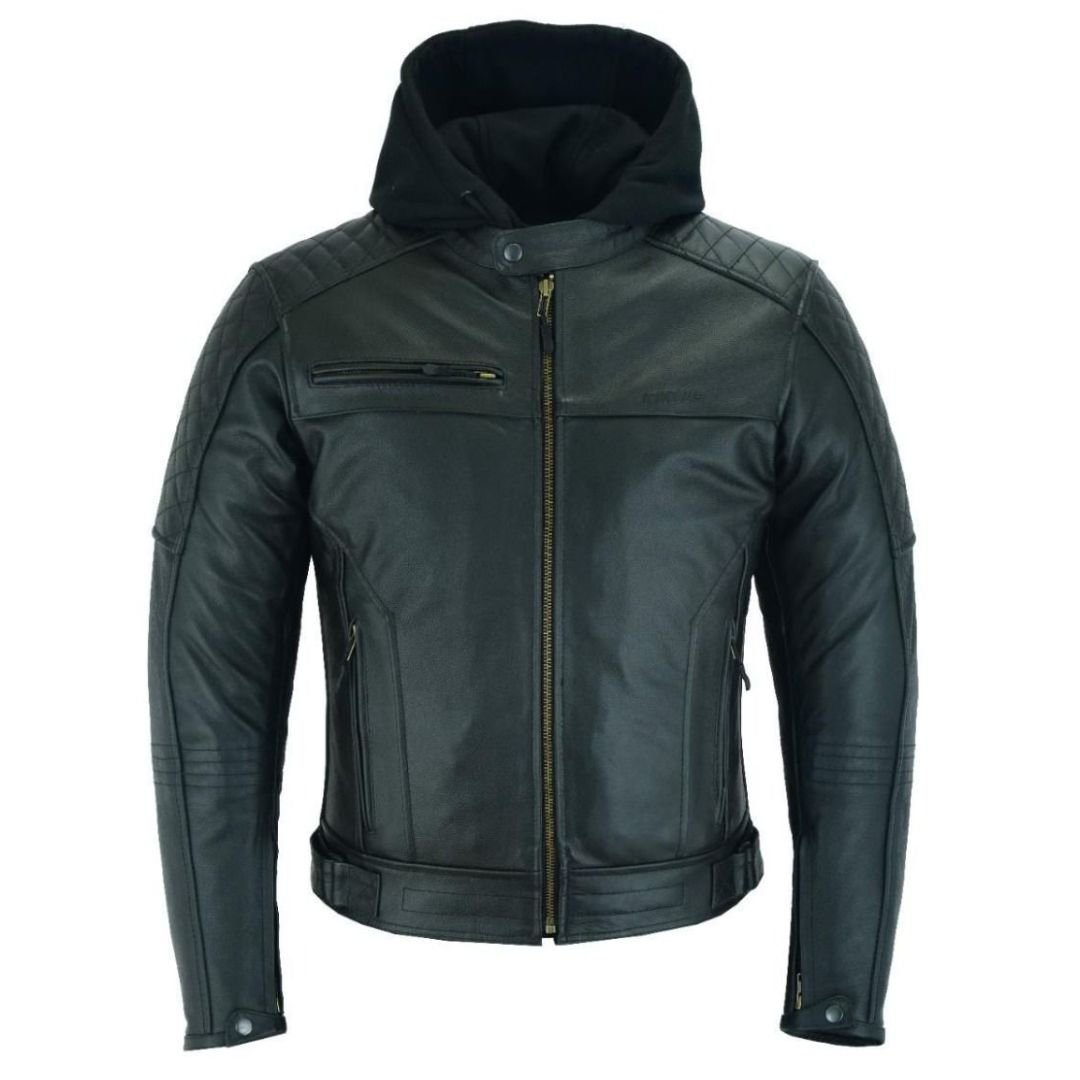 Raxus Leather Motorcycle Jacket with Removable Hood for Men