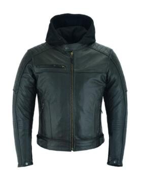 Raxus Leather Motorcycle Jacket with Removable Hood for Men