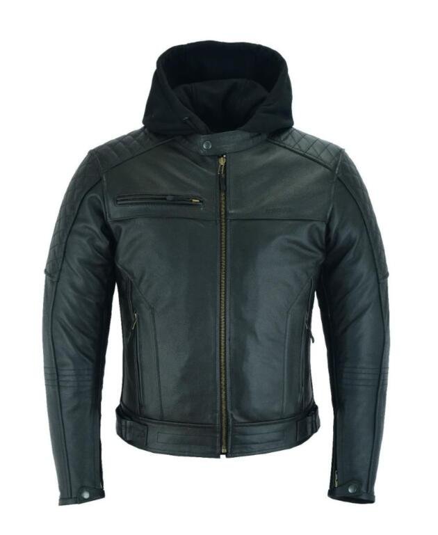 Raxus Leather Motorcycle Jacket with Removable Hood for Men