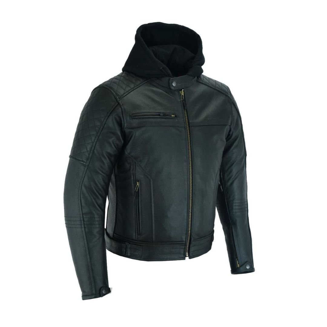 Raxus Leather Motorcycle Jacket with Removable Hood for Men - Image 2
