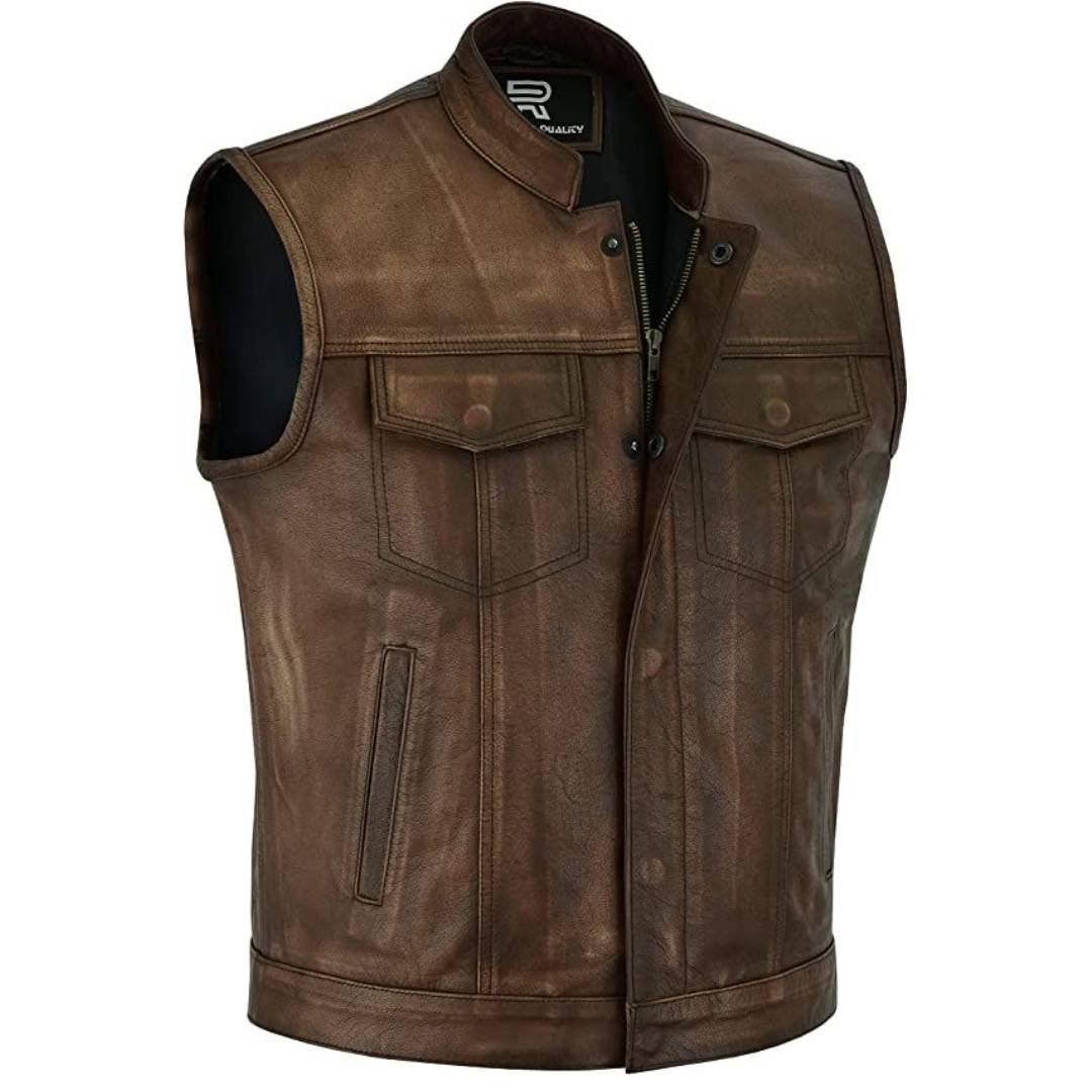 Raxus Man Motorcycle Leather Vest Brown K-30 - Image 3