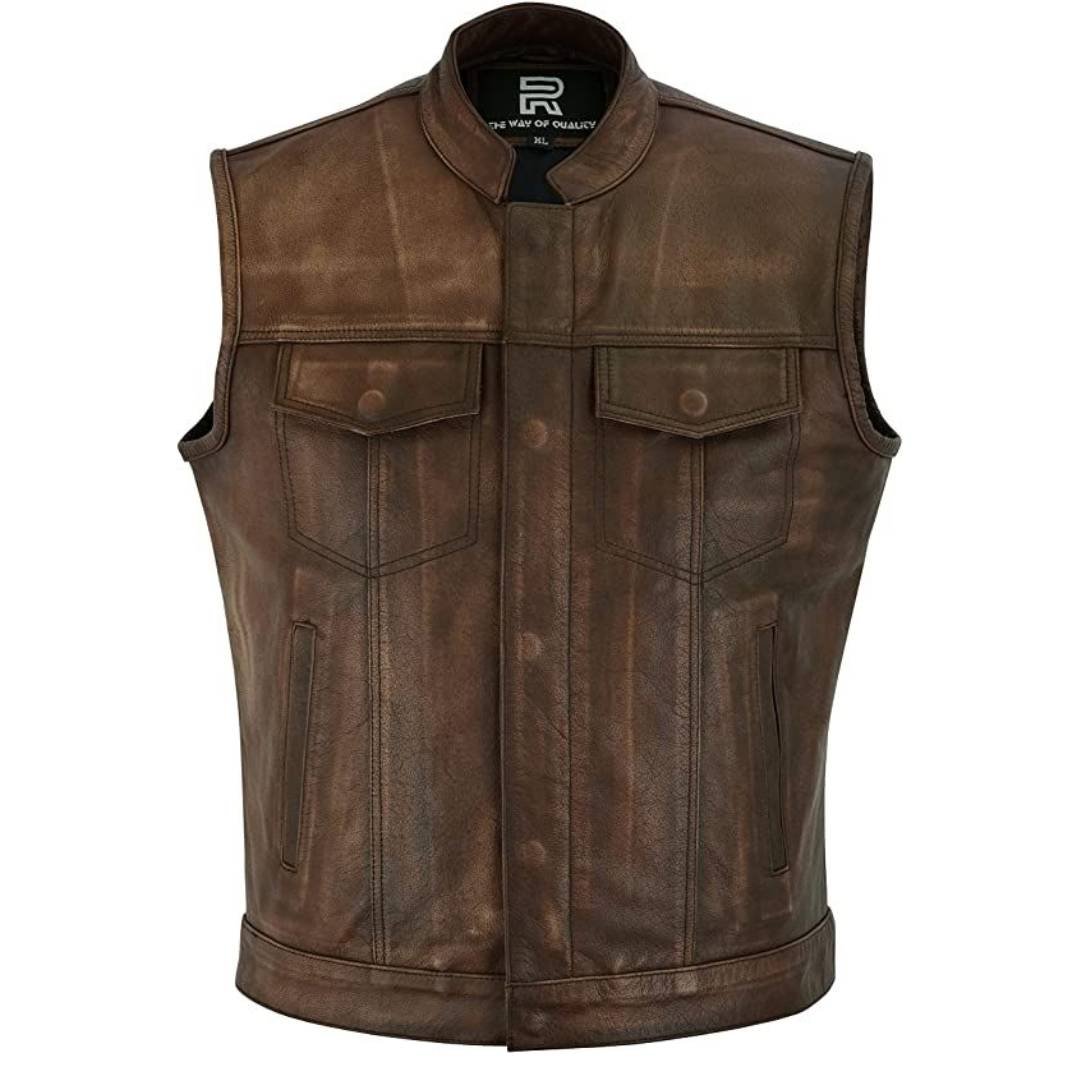 Raxus Man Motorcycle Leather Vest Brown K-30