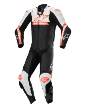 Alpinestars Missile V2 Ward One Piece Leather Suit Black Red Fluo White Front View