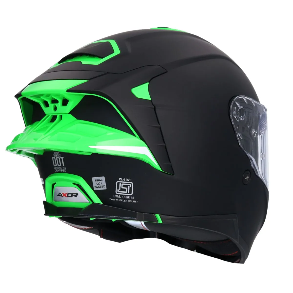 AXOR Brutale Corsa Full Face Helmet Matt Black Green Rear Dual Spoiler View