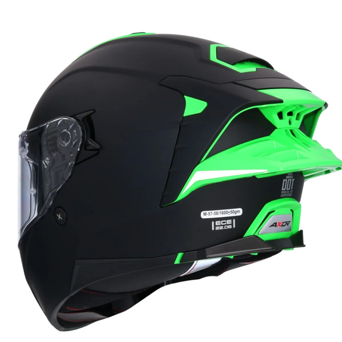 AXOR Brutale Corsa Full Face Helmet Matt Black Green Rear Dual Spoiler View