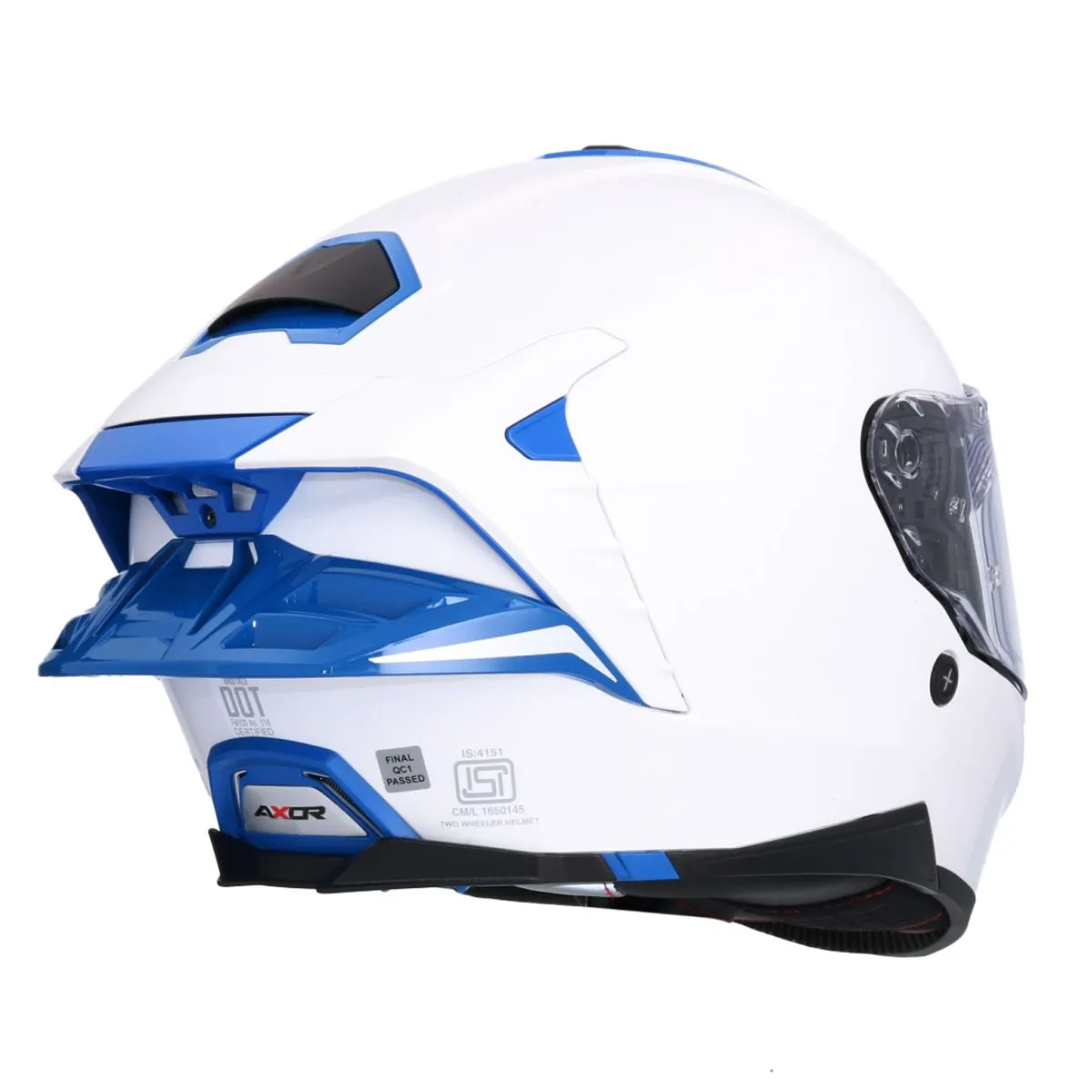 AXOR Brutale Corsa casco integral blanco Pearl azul trasero dual spoiler