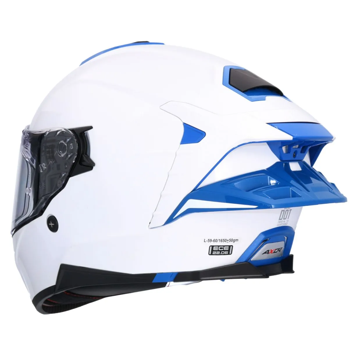 AXOR Brutale Corsa casco integral blanco Pearl azul trasero dual spoiler