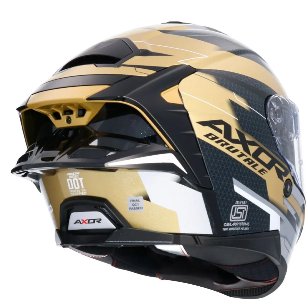AXOR Brutale Plexus Full Face Helmet Black Gold Rear Dual Spoiler View