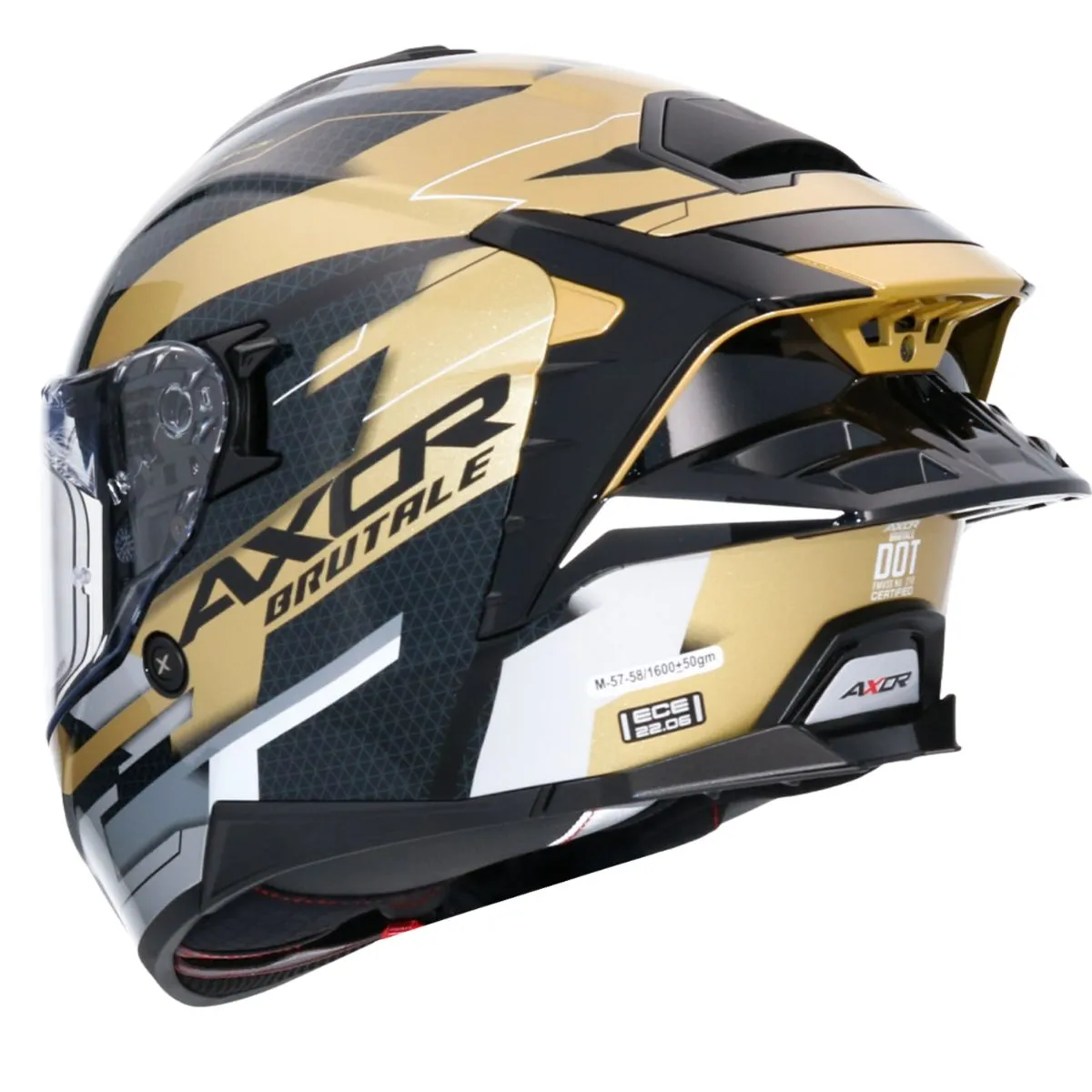 AXOR Brutale Plexus Full Face Helmet Black Gold Rear Dual Spoiler View