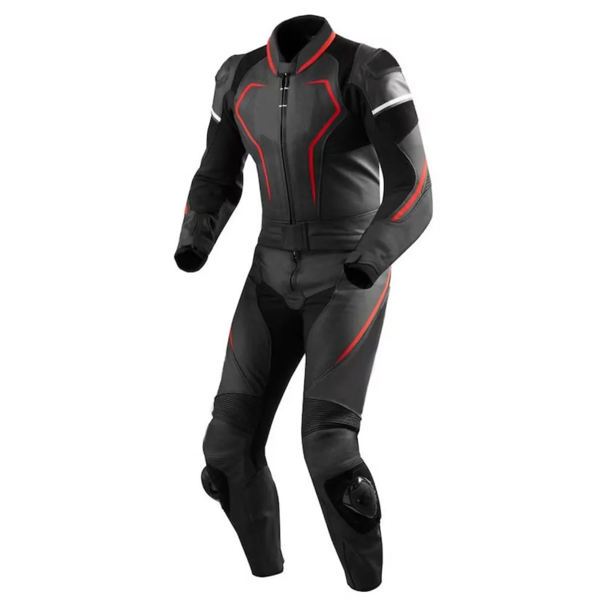 Raxmoto Custom One Piece Leather Racing Suit Black Red White front view