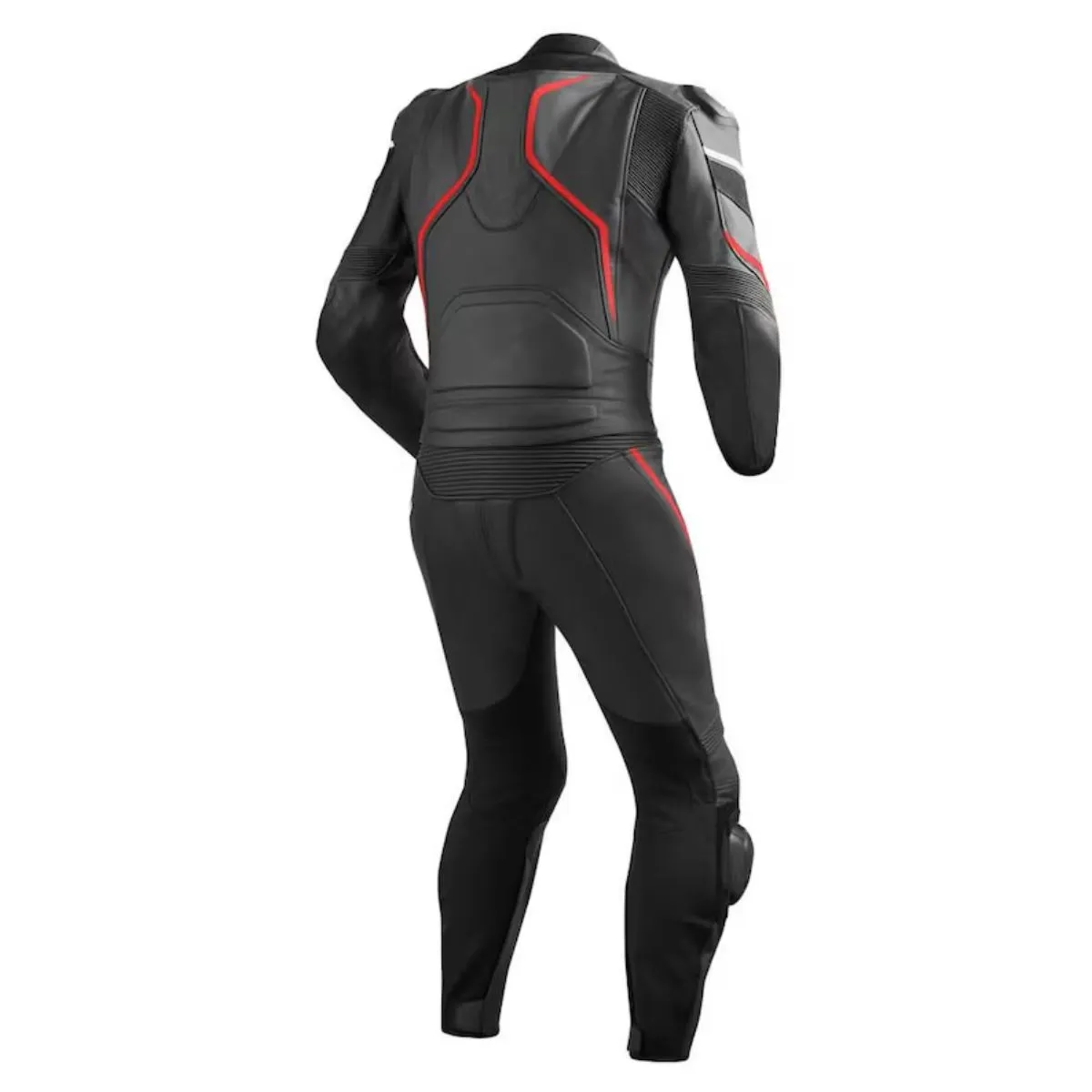 Raxmoto Custom One Piece Leather Racing Suit Black Red White side view