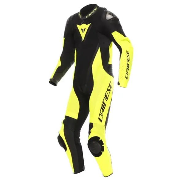 Dainese Demon Sprint Perforated Leather Suit Black Yellow Fluo Front View