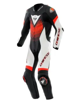 Dainese Laguna Seca 6 One Piece Leather Suit Black White Red Fluo front view