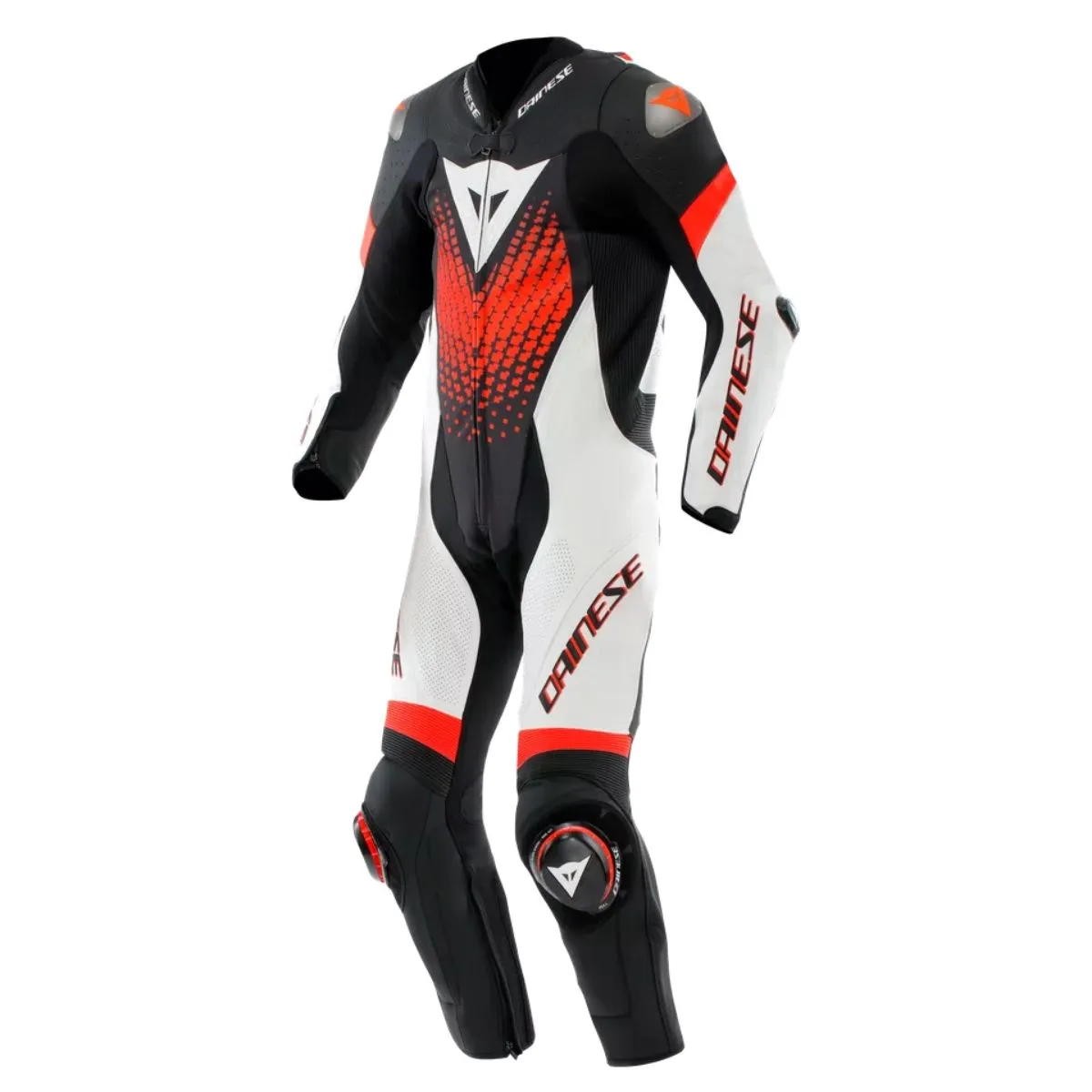 Dainese Laguna Seca 6 uno Piece cuero mono negro blanco rojo Fluo delantero view
