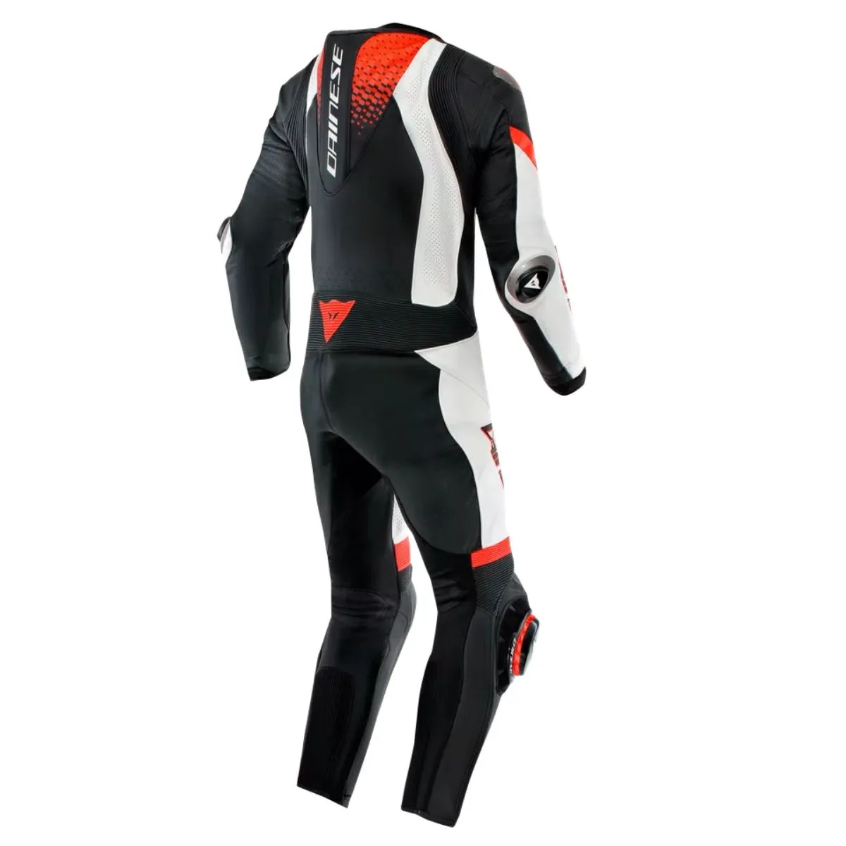 Dainese Laguna Seca 6 uno Piece cuero mono negro blanco rojo Fluo trasero view