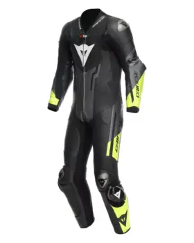Dainese Misano 3 D-Air One Piece Leather Suit Black Fluo Yellow front view