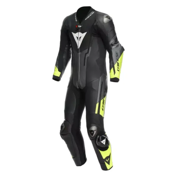 Dainese Misano 3 D-Air One Piece Leather Suit Negre Fluo Groc frontal view
