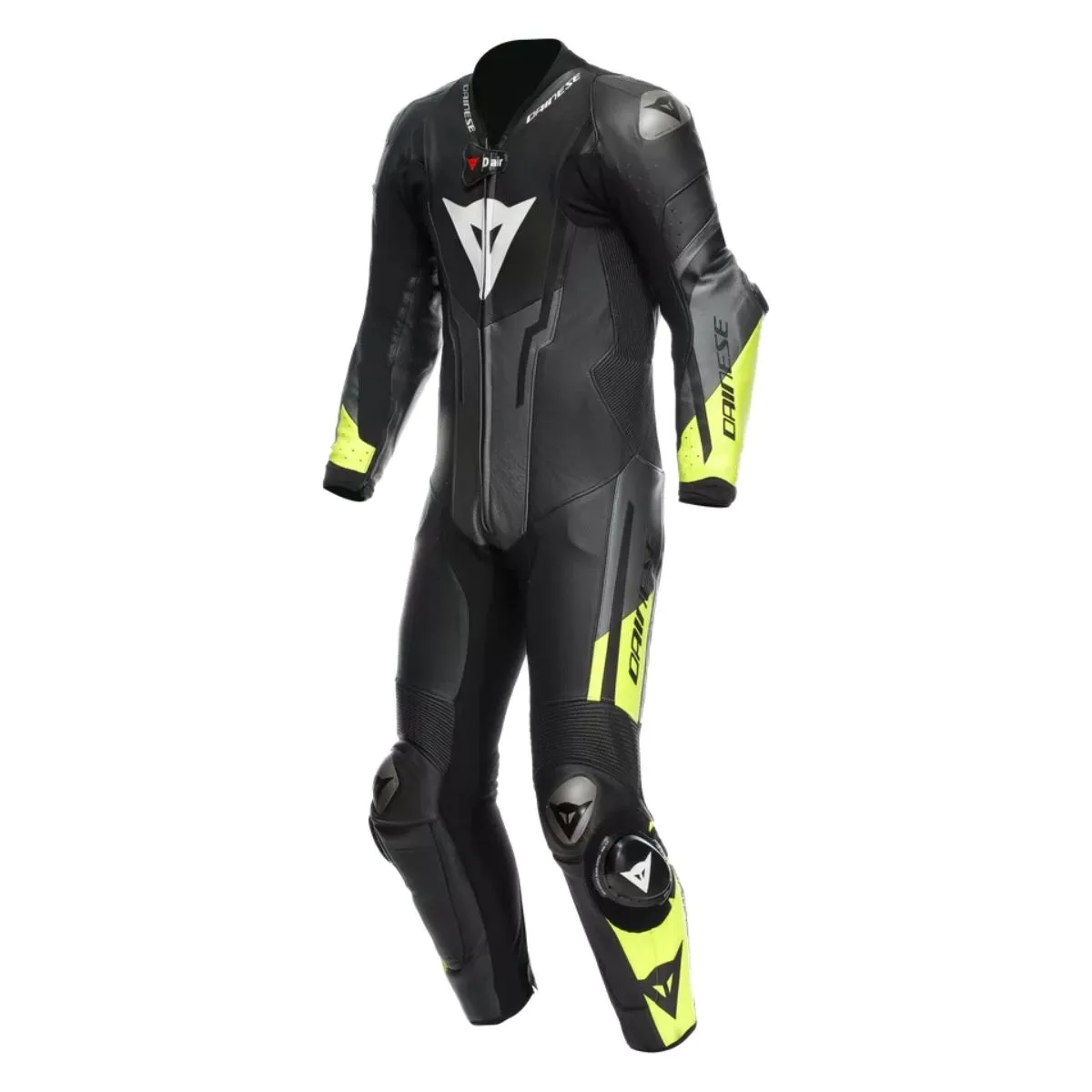 Dainese Misano 3 D-Air One Piece Leather Suit Negre Fluo Groc frontal view