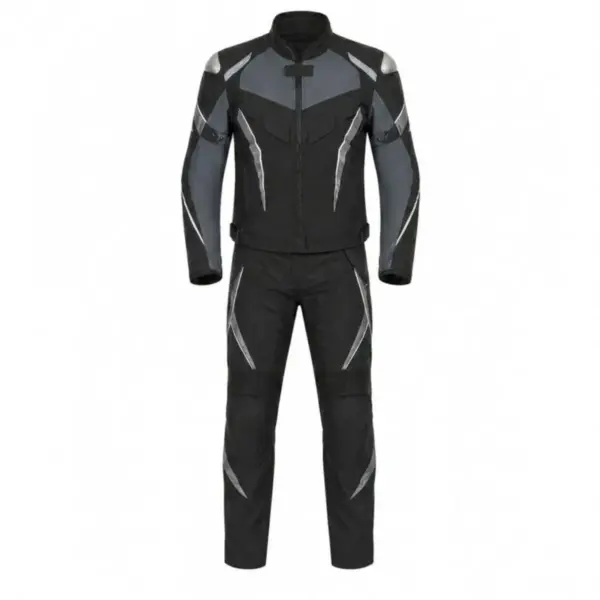 Raxmoto Custom Two Piece Textile Motorcycle Suit Black Grey front view