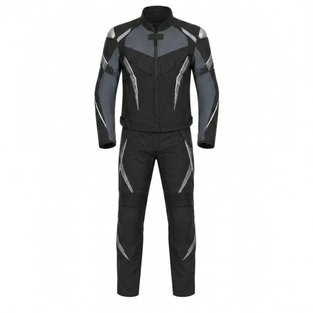 Raxmoto Custom Two Piece Textile Motorcycle Suit Black Grey front view