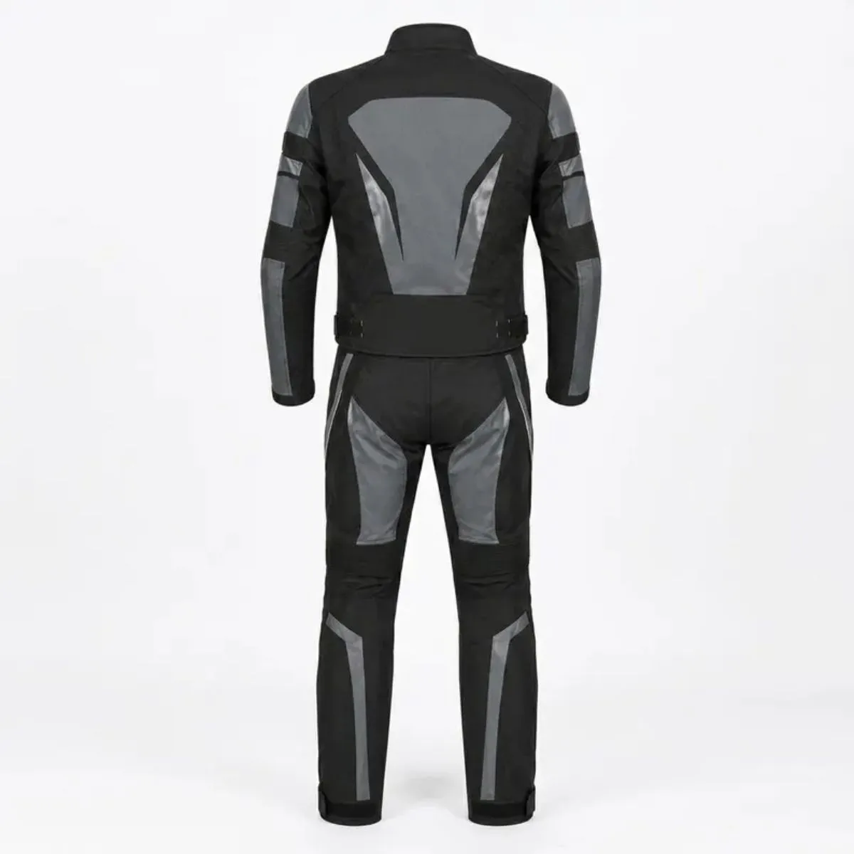 Raxmoto Custom Two Piece Textile Motorcycle Suit Black Grey full view