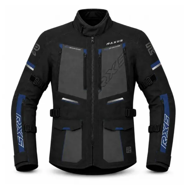 Raxus Sonic Motorcycle Jacket Black Blue Front View