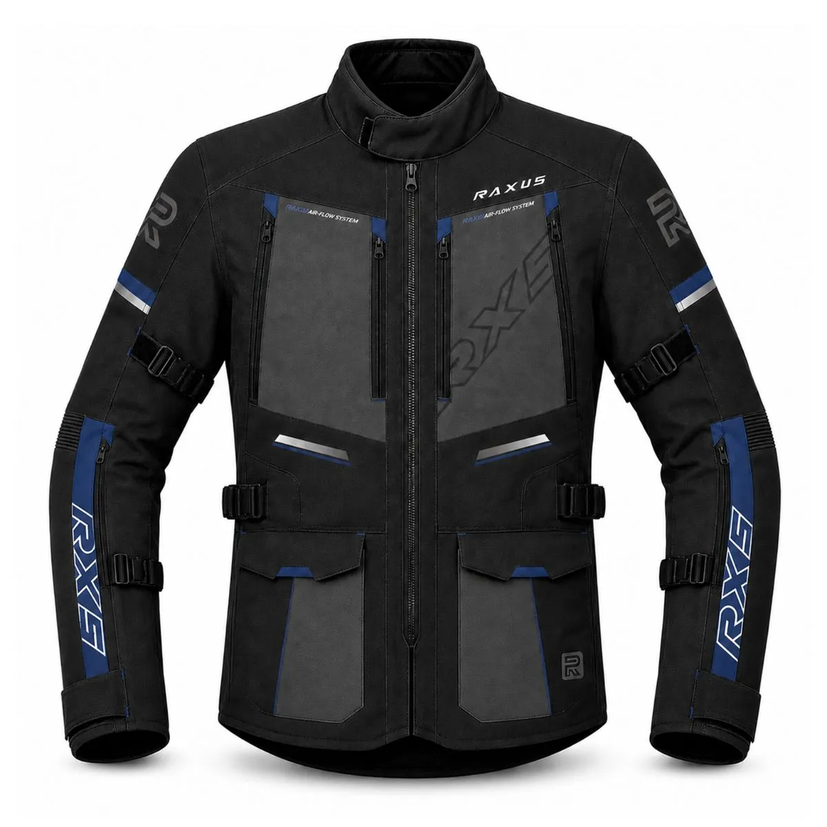 Raxus Sonic Motorcycle Jacket Black Blue Front View