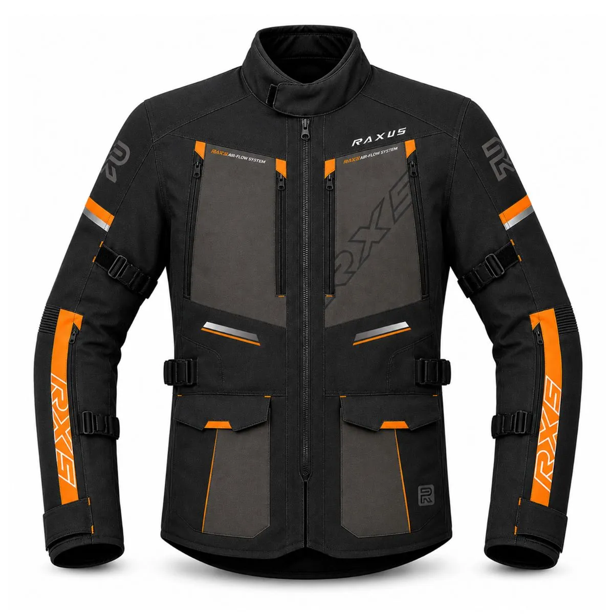 Raxus Sonic Motorcycle Jacket Black Orange Front View