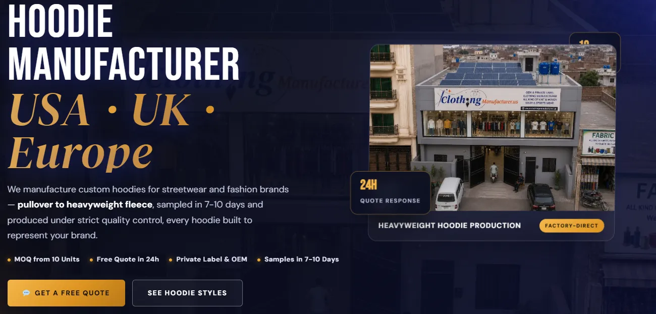 clothingmanufacturer.us hoodies page screen shot